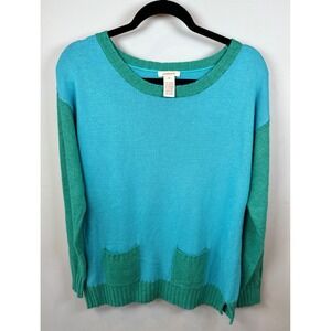 Sundance Colorblock Knit Sweater Teal‎ Green Two Pocket Crew Neck Size M